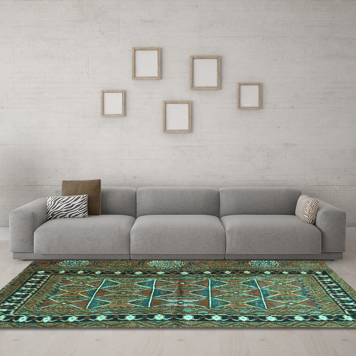 Machine Washable Persian Turquoise Traditional Area Rugs in a Living Room,, wshtr4401turq