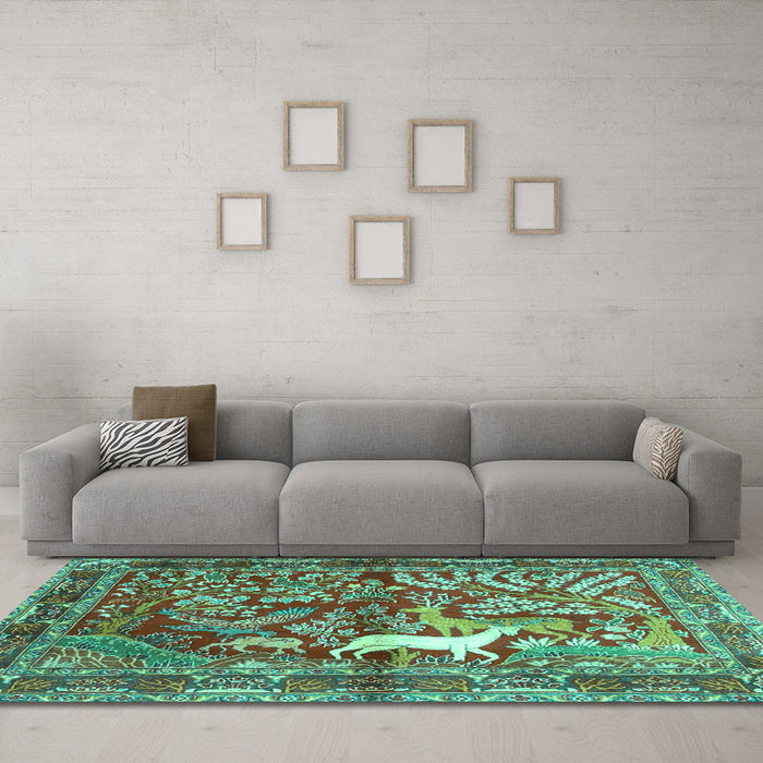Machine Washable Persian Turquoise Traditional Area Rugs in a Living Room,, wshtr4402turq