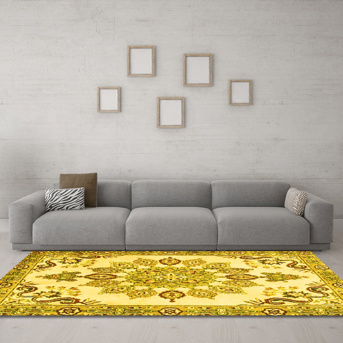 Machine Washable Medallion Yellow Traditional Rug in a Living Room, wshtr4403yw