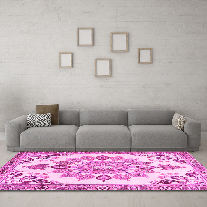 Machine Washable Medallion Pink Traditional Rug in a Living Room, wshtr4403pnk