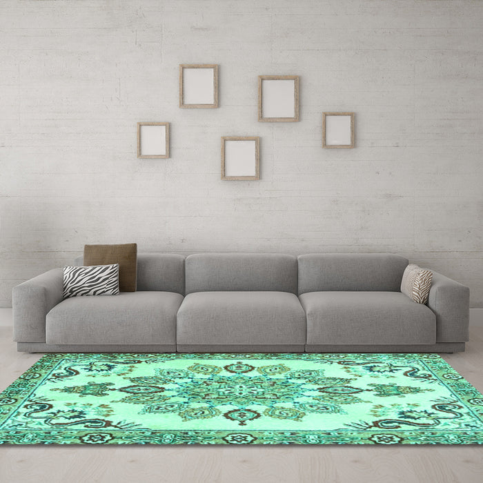 Machine Washable Medallion Turquoise Traditional Area Rugs in a Living Room,, wshtr4403turq