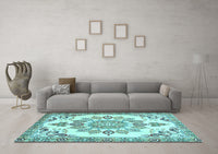 Machine Washable Medallion Light Blue Traditional Rug, wshtr4403lblu