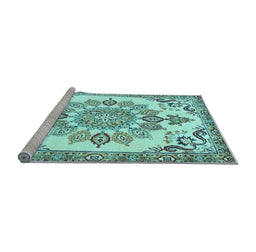 Sideview of Machine Washable Medallion Light Blue Traditional Rug, wshtr4403lblu