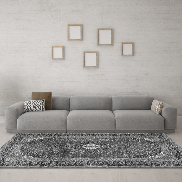 Machine Washable Medallion Gray Traditional Rug in a Living Room,, wshtr4405gry