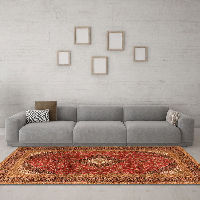 Machine Washable Medallion Orange Traditional Area Rugs in a Living Room, wshtr4405org