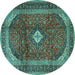 Round Machine Washable Medallion Turquoise Traditional Area Rugs, wshtr4405turq