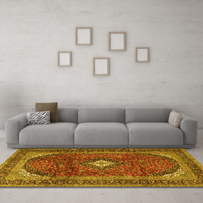 Machine Washable Medallion Yellow Traditional Rug in a Living Room, wshtr4405yw