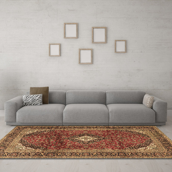 Machine Washable Medallion Brown Traditional Rug in a Living Room,, wshtr4405brn