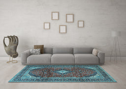 Machine Washable Medallion Light Blue Traditional Rug in a Living Room, wshtr4405lblu