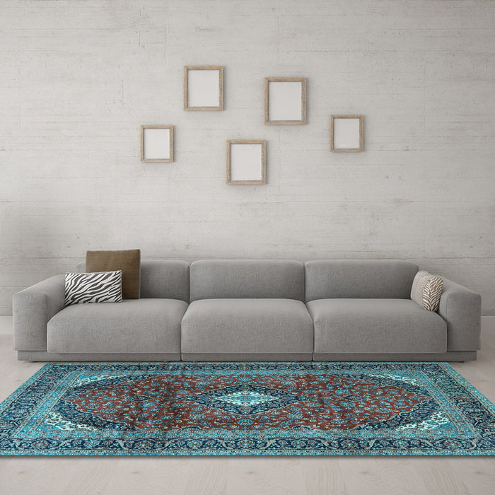 Machine Washable Medallion Light Blue Traditional Rug in a Living Room, wshtr4405lblu