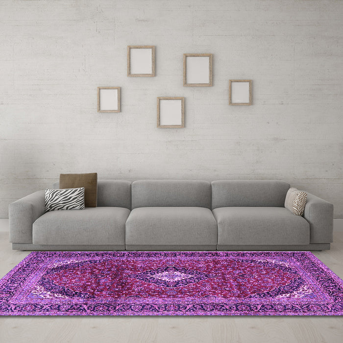 Machine Washable Medallion Purple Traditional Area Rugs in a Living Room, wshtr4405pur