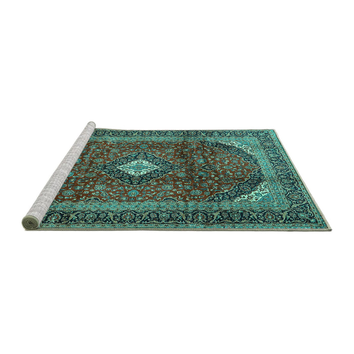 Sideview of Machine Washable Medallion Turquoise Traditional Area Rugs, wshtr4405turq