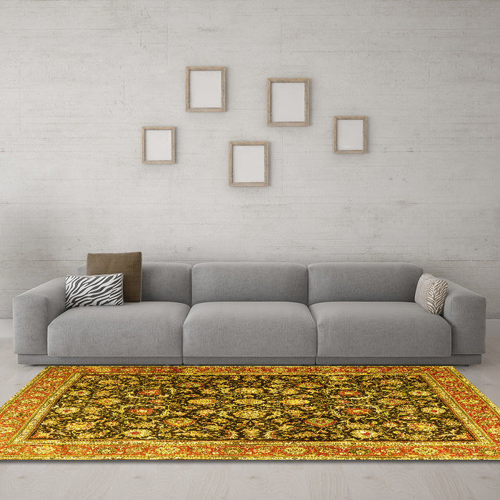 Machine Washable Persian Yellow Traditional Rug in a Living Room, wshtr4407yw