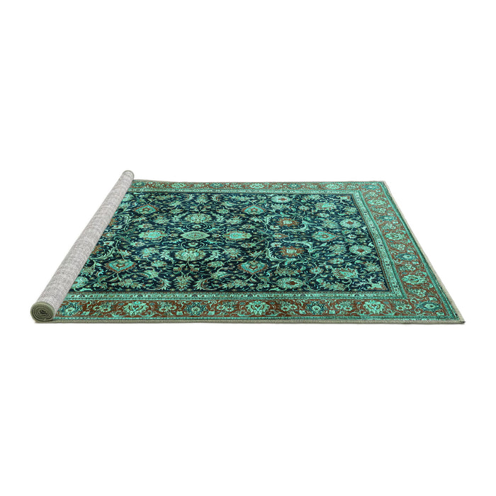 Sideview of Machine Washable Persian Turquoise Traditional Area Rugs, wshtr4407turq