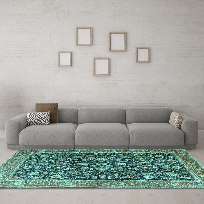 Machine Washable Persian Turquoise Traditional Area Rugs in a Living Room,, wshtr4407turq