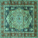 Square Machine Washable Medallion Turquoise Traditional Area Rugs, wshtr440turq