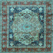 Square Machine Washable Medallion Light Blue Traditional Rug, wshtr440lblu