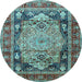 Round Machine Washable Medallion Light Blue Traditional Rug, wshtr440lblu