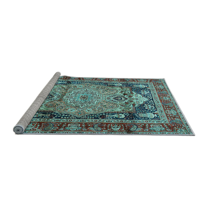 Sideview of Machine Washable Medallion Light Blue Traditional Rug, wshtr440lblu