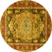 Round Machine Washable Medallion Yellow Traditional Rug, wshtr440yw