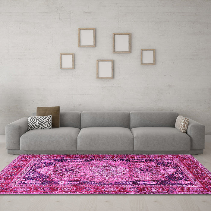 Machine Washable Medallion Pink Traditional Rug in a Living Room, wshtr440pnk