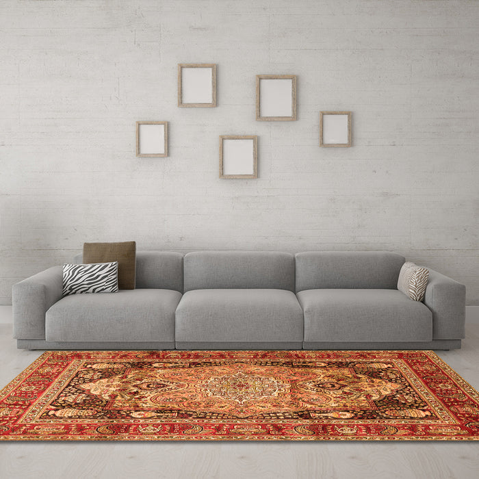 Machine Washable Medallion Orange Traditional Area Rugs in a Living Room, wshtr440org