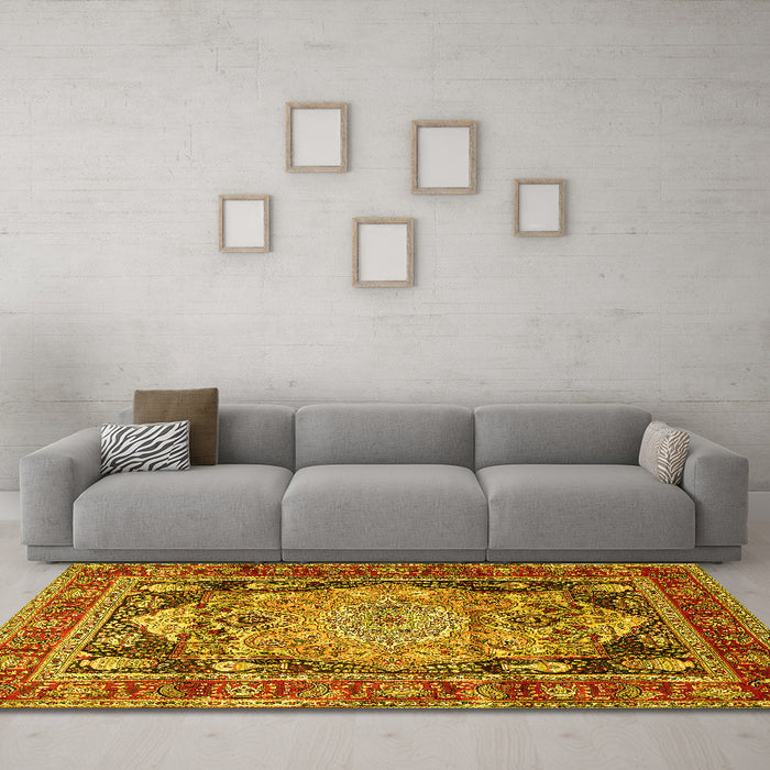 Machine Washable Medallion Yellow Traditional Rug in a Living Room, wshtr440yw