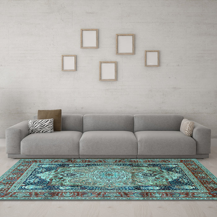 Machine Washable Medallion Light Blue Traditional Rug in a Living Room, wshtr440lblu