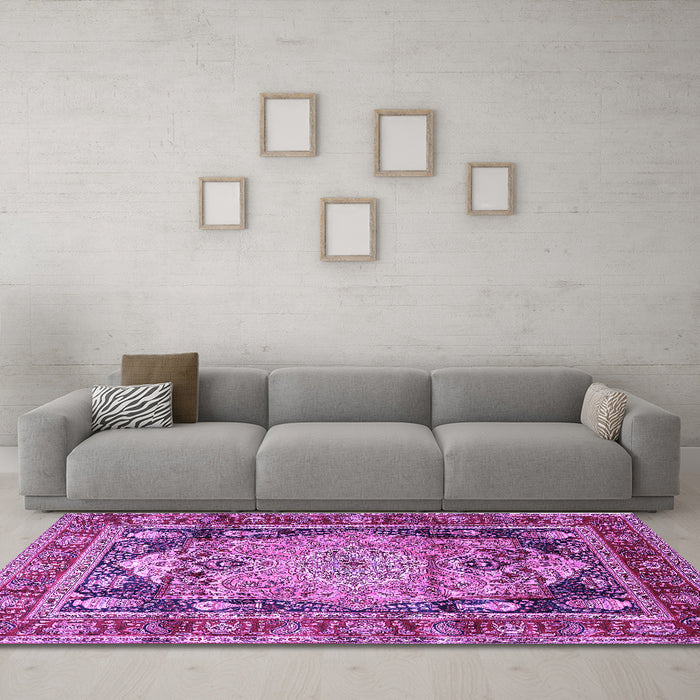 Machine Washable Medallion Purple Traditional Area Rugs in a Living Room, wshtr440pur