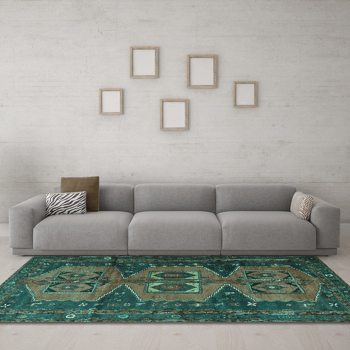 Machine Washable Persian Turquoise Traditional Area Rugs in a Living Room,, wshtr4410turq
