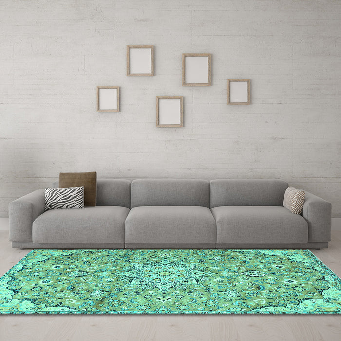 Machine Washable Persian Turquoise Traditional Area Rugs in a Living Room,, wshtr4411turq