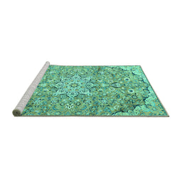 Sideview of Machine Washable Persian Turquoise Traditional Area Rugs, wshtr4411turq