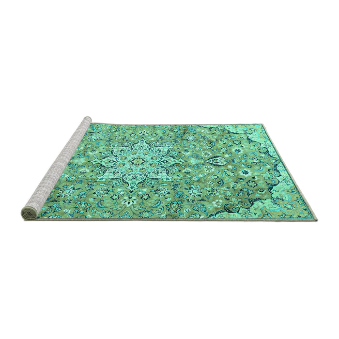 Sideview of Machine Washable Persian Turquoise Traditional Area Rugs, wshtr4411turq