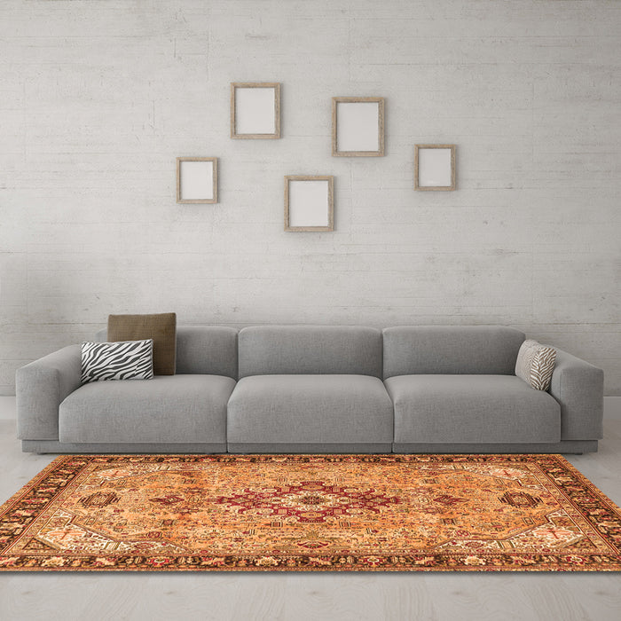 Machine Washable Medallion Orange Traditional Area Rugs in a Living Room, wshtr4412org
