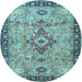 Round Machine Washable Medallion Light Blue Traditional Rug, wshtr4412lblu