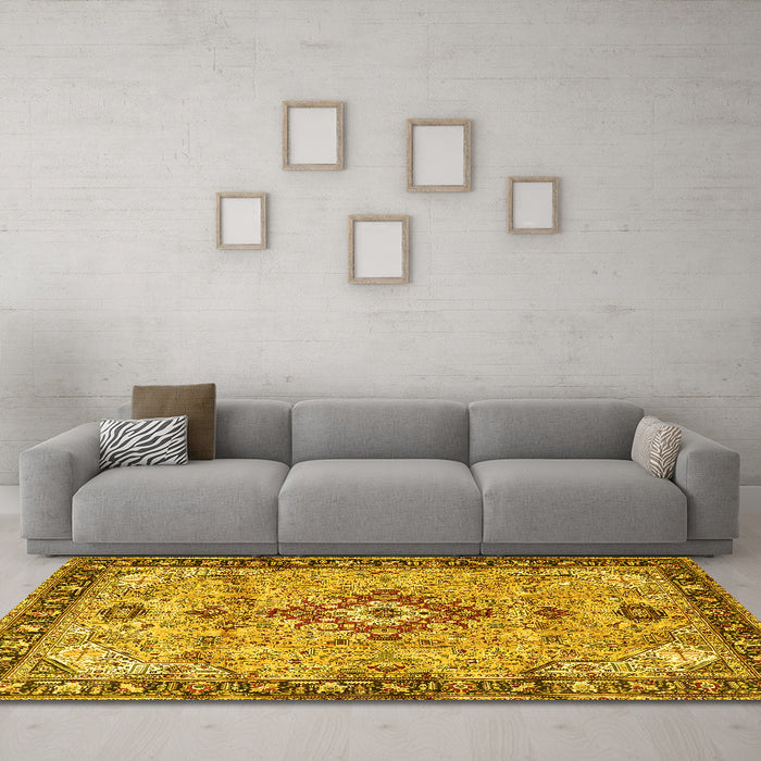 Machine Washable Medallion Yellow Traditional Rug in a Living Room, wshtr4412yw