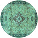 Round Machine Washable Medallion Turquoise Traditional Area Rugs, wshtr4412turq