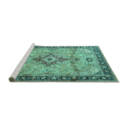 Sideview of Machine Washable Medallion Turquoise Traditional Area Rugs, wshtr4412turq