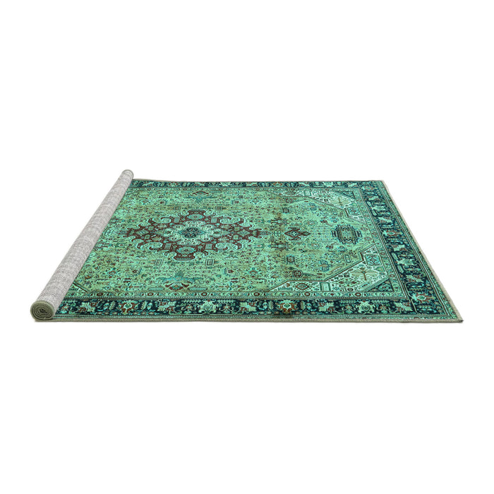 Sideview of Machine Washable Medallion Turquoise Traditional Area Rugs, wshtr4412turq