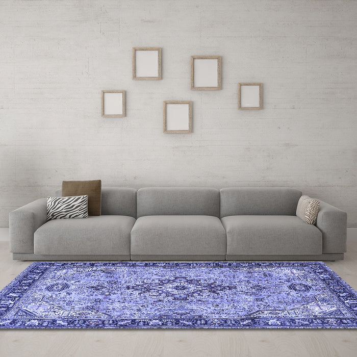 Machine Washable Medallion Blue Traditional Rug in a Living Room, wshtr4412blu
