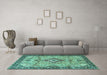 Machine Washable Medallion Turquoise Traditional Area Rugs in a Living Room,, wshtr4412turq