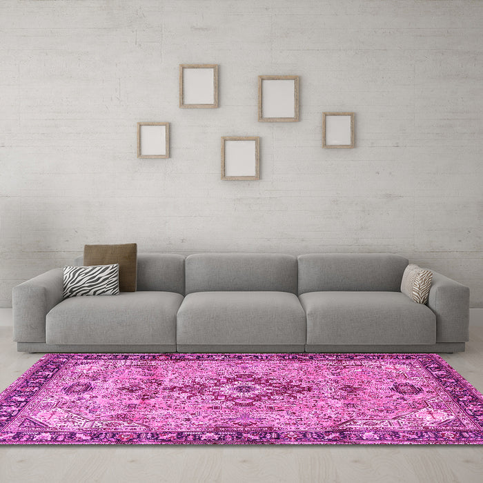 Machine Washable Medallion Pink Traditional Rug in a Living Room, wshtr4412pnk
