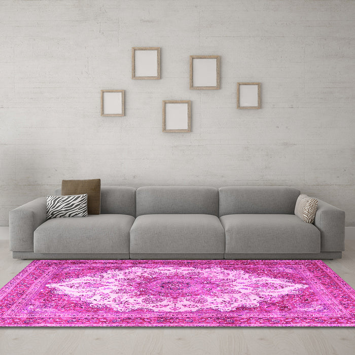 Machine Washable Persian Pink Traditional Rug in a Living Room, wshtr4413pnk