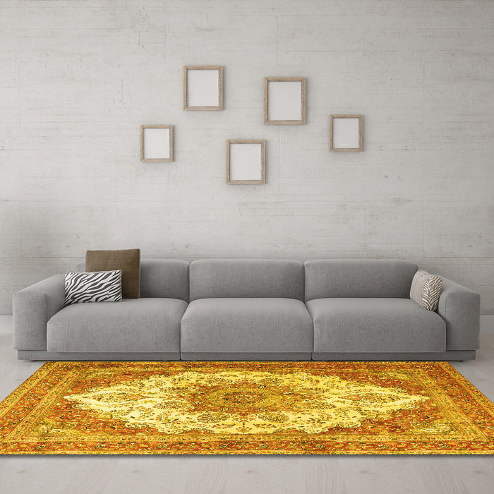Machine Washable Persian Yellow Traditional Rug in a Living Room, wshtr4413yw