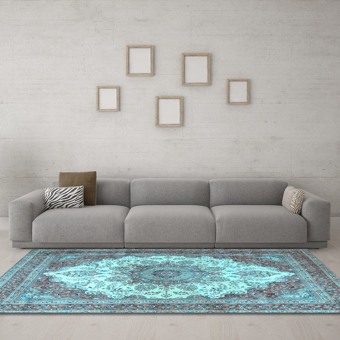 Machine Washable Persian Light Blue Traditional Rug in a Living Room, wshtr4413lblu