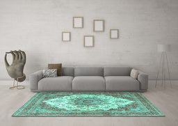 Machine Washable Persian Turquoise Traditional Area Rugs in a Living Room,, wshtr4413turq