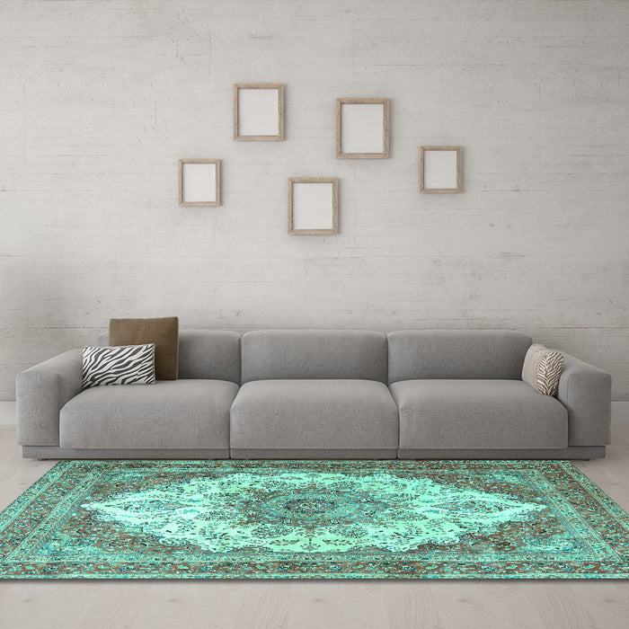 Machine Washable Persian Turquoise Traditional Area Rugs in a Living Room,, wshtr4413turq