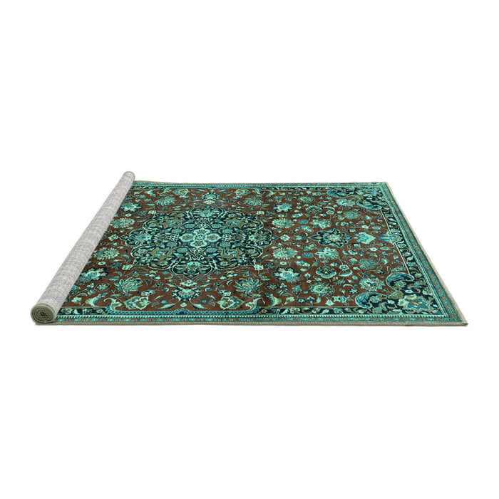 Sideview of Machine Washable Persian Turquoise Traditional Area Rugs, wshtr4414turq