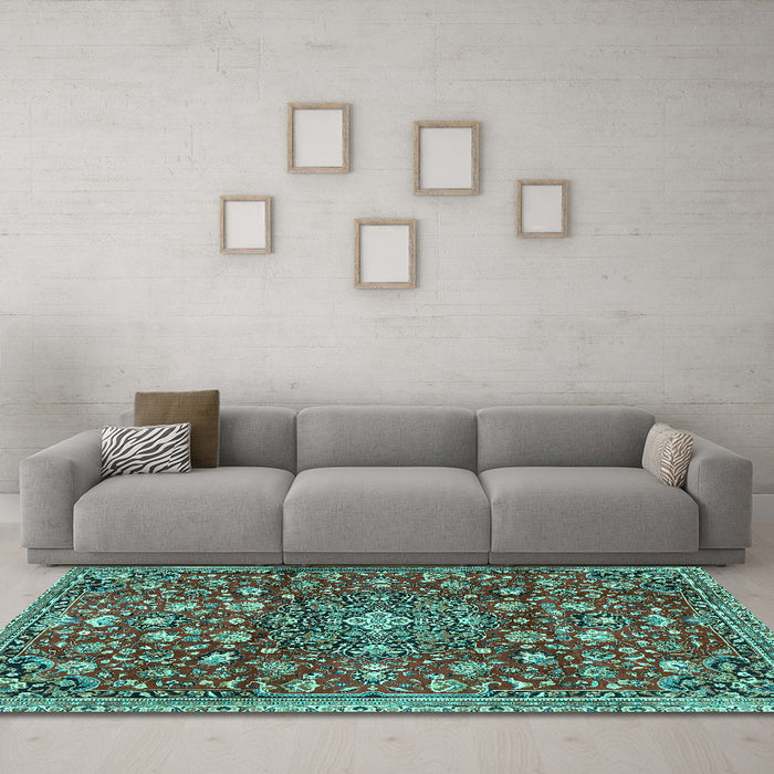 Machine Washable Persian Turquoise Traditional Area Rugs in a Living Room,, wshtr4414turq
