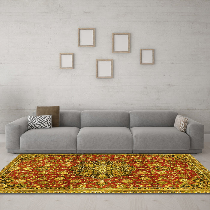 Machine Washable Persian Yellow Traditional Rug in a Living Room, wshtr4414yw